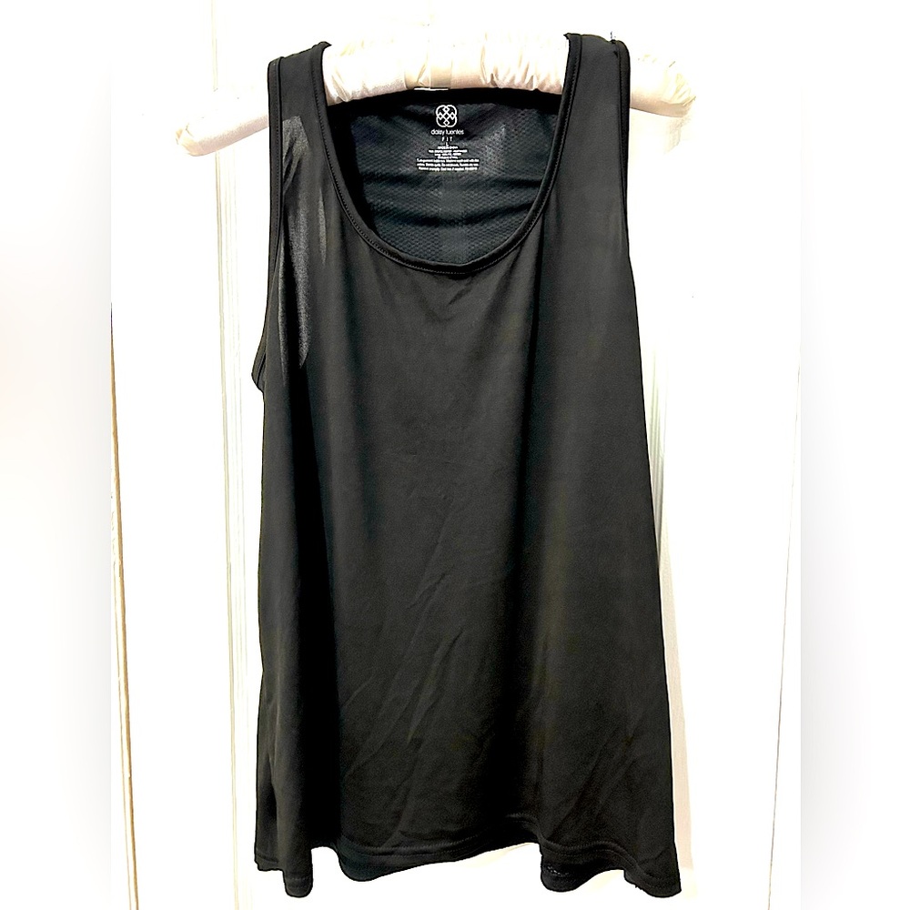 EUC women’s Daisy Fuentes FIT mesh tank top flare black Sz L chic minimalist